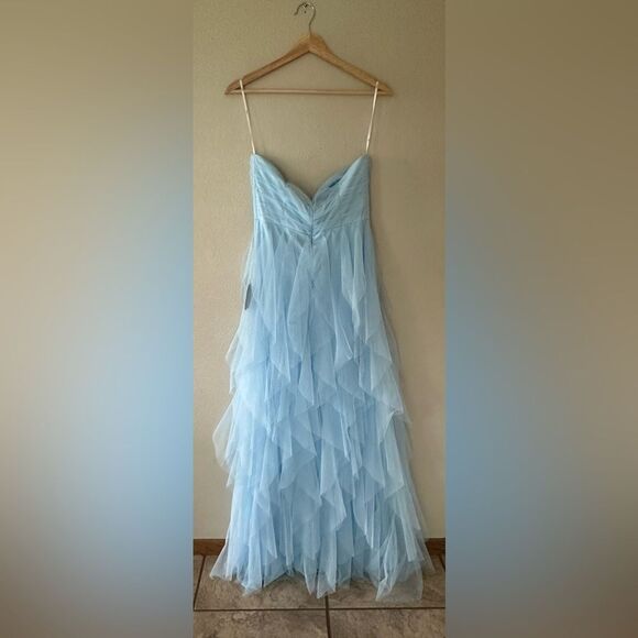 NWT Lulus Delightful Beauty Blue Mesh Strapless Ruched Ruffled Maxi Dress Size L - Picture 9 of 12
